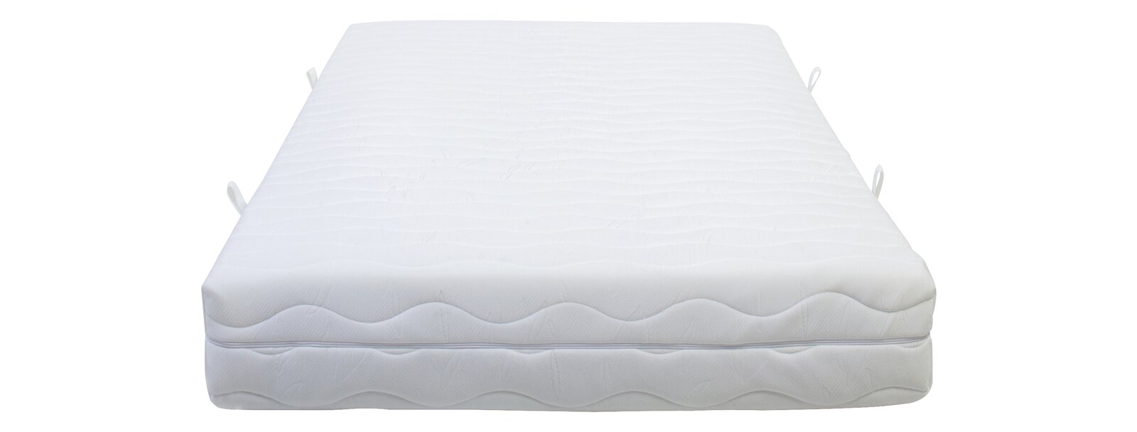 Taschenfederkernmatratze in Frontalansicht, weiße Oberfläche mit Wellenmuster und seitlichen Griffen.
