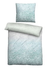 Bettwäsche-Set aus Satin in der Größe 135x200 cm mit einem modernen, gesprenkelten Design in Blau- und Grautönen. Ansicht von oben.
