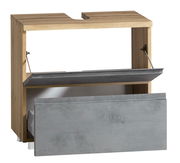 Waschbeckenunterschrank aus Holz mit grauen Fronten, geöffnete Schubladen, Frontalansicht