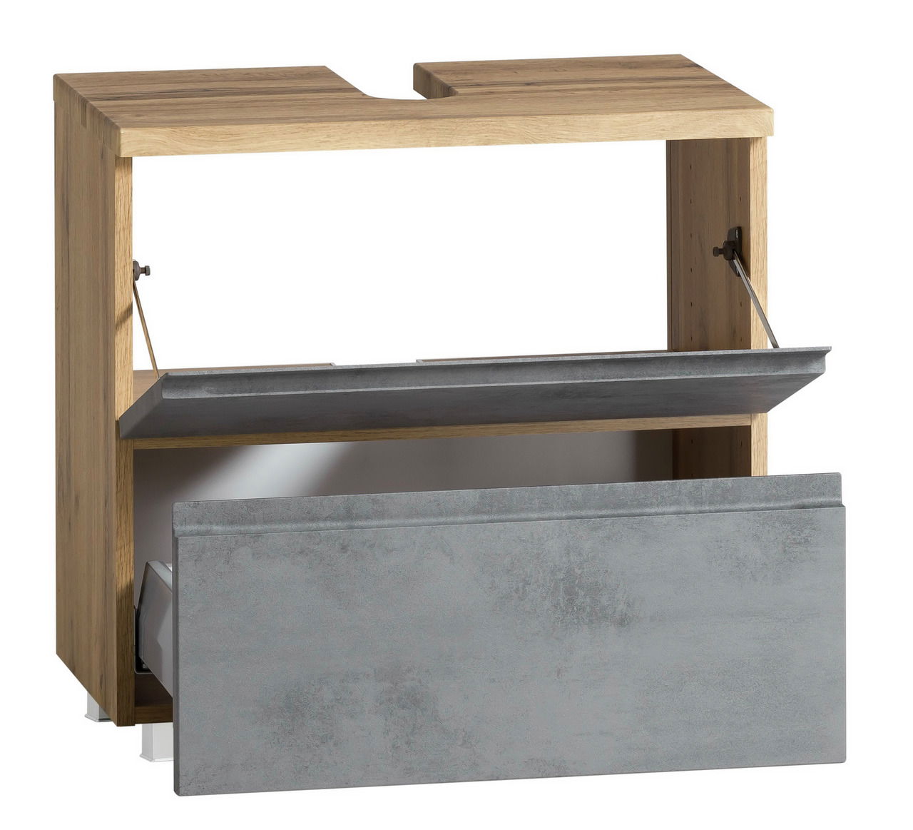 Waschbeckenunterschrank aus Holz mit grauen Fronten, geöffnete Schubladen, Frontalansicht