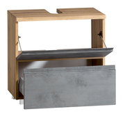 Waschbeckenunterschrank aus Holz mit grauen Fronten, geöffnete Schubladen, Frontalansicht