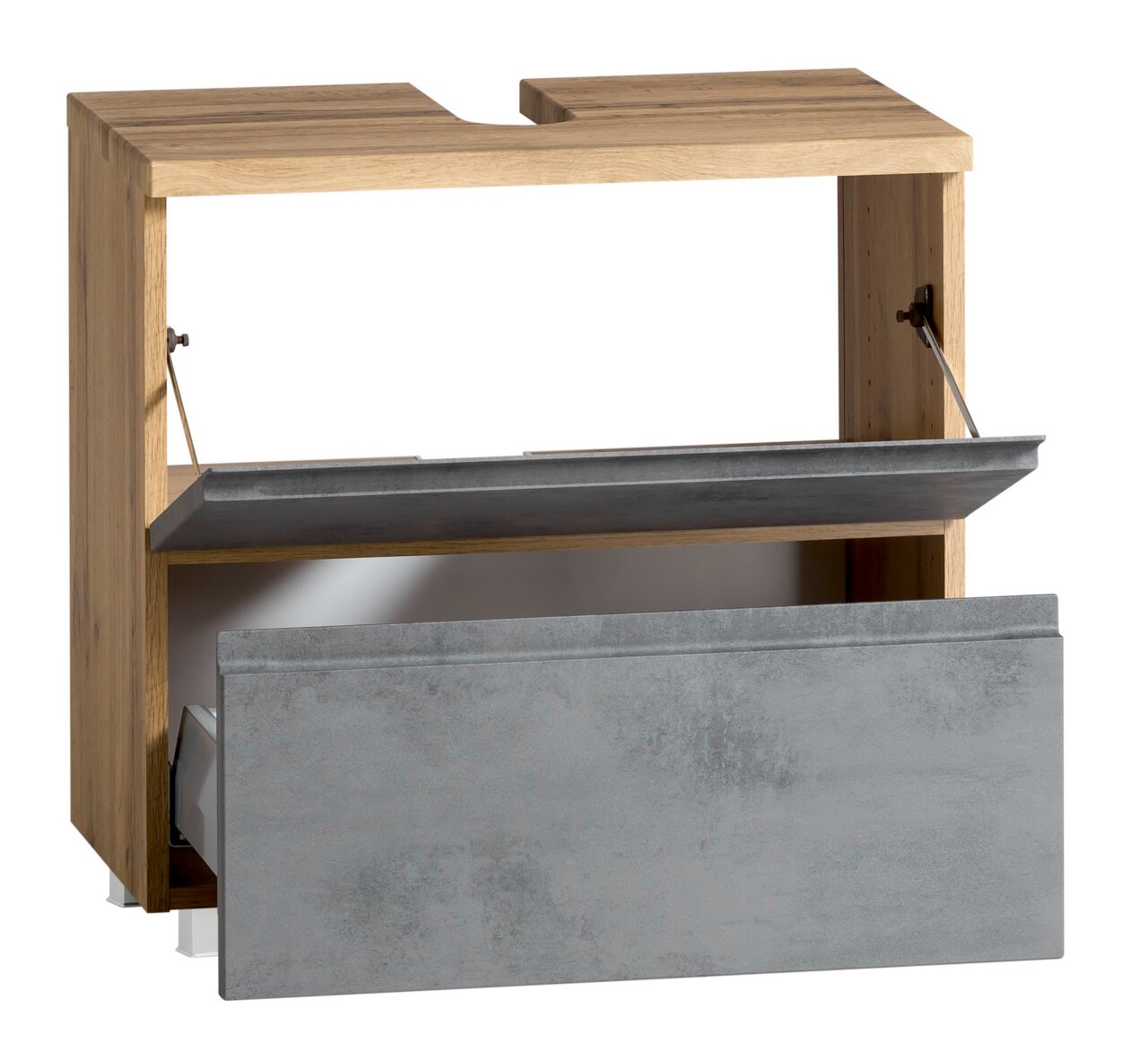Waschbeckenunterschrank aus Holz mit grauen Fronten, geöffnete Schubladen, Frontalansicht