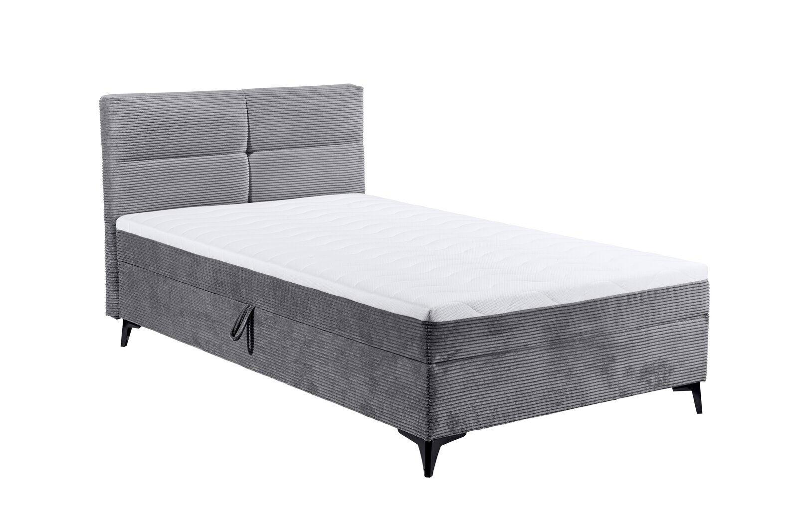Graues Boxbett mit gestepptem Kopfteil und weißer Matratze, seitliche Perspektive