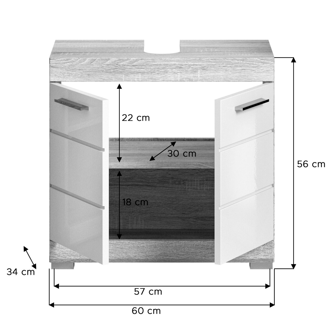 Frontansicht eines Badunterschranks mit zwei offenen Türen, Maße: 60 cm Breite, 56 cm Höhe, 34 cm Tiefe.