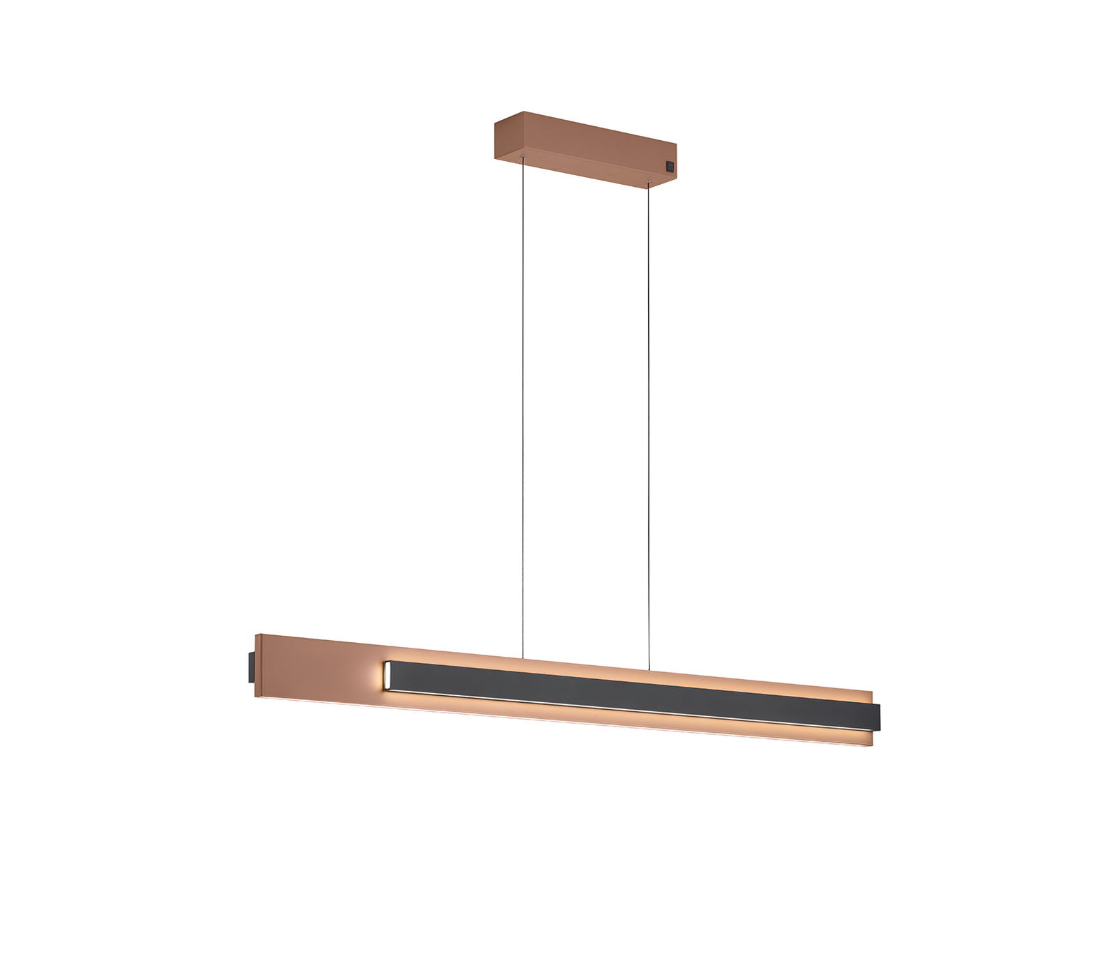 Moderne Pendelleuchte in Kupferoptik, seitliche Perspektive