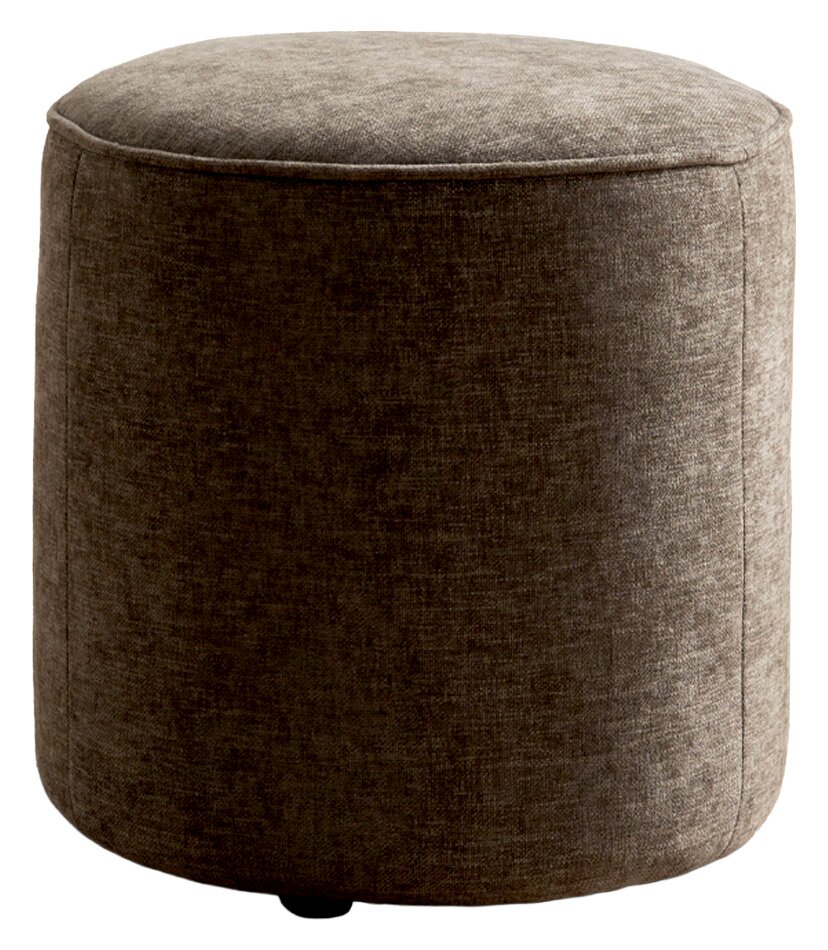 Rundhocker klein in braunem Stoff, seitliche Perspektive