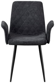 Vorderansicht eines modernen, dunkelgrauen Armlehnstuhls mit gepolstertem Sitz und Rückenlehne sowie schwarzen Metallbeinen.