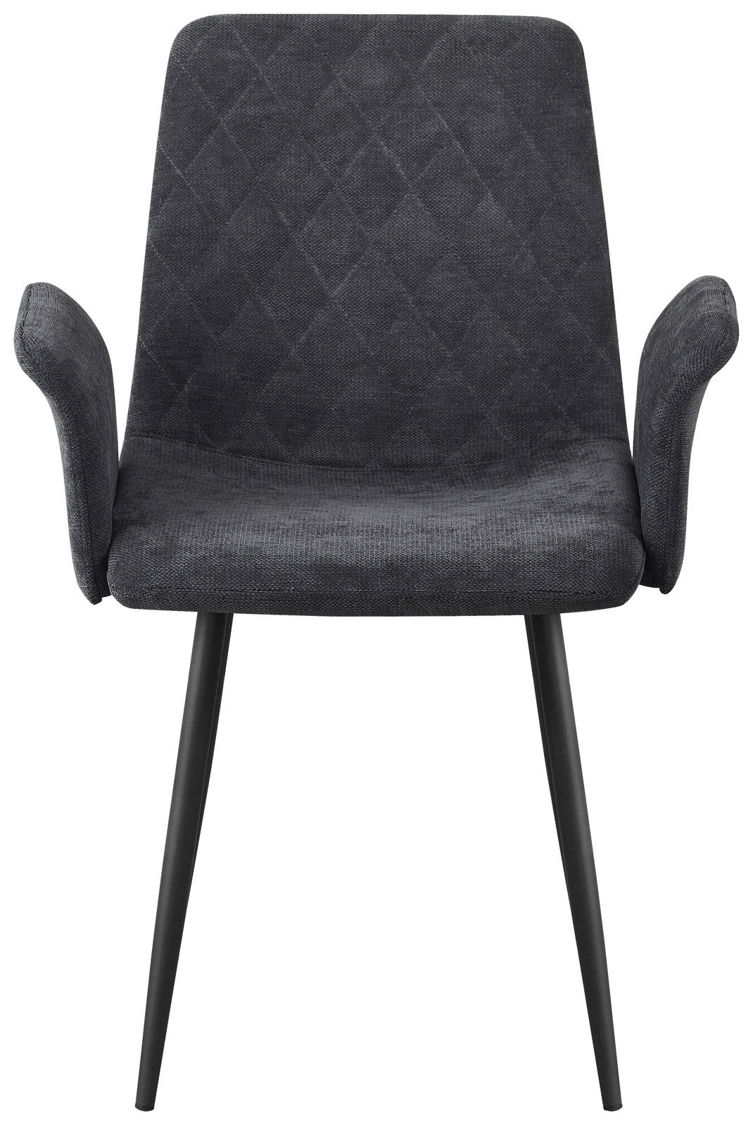 Vorderansicht eines modernen, dunkelgrauen Armlehnstuhls mit gepolstertem Sitz und Rückenlehne sowie schwarzen Metallbeinen.