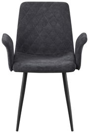 Vorderansicht eines modernen, dunkelgrauen Armlehnstuhls mit gepolstertem Sitz und Rückenlehne sowie schwarzen Metallbeinen.