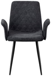 Vooraanzicht van een moderne, donkergrijze fauteuil met gestoffeerde zitting en rugleuning en zwarte metalen poten.
