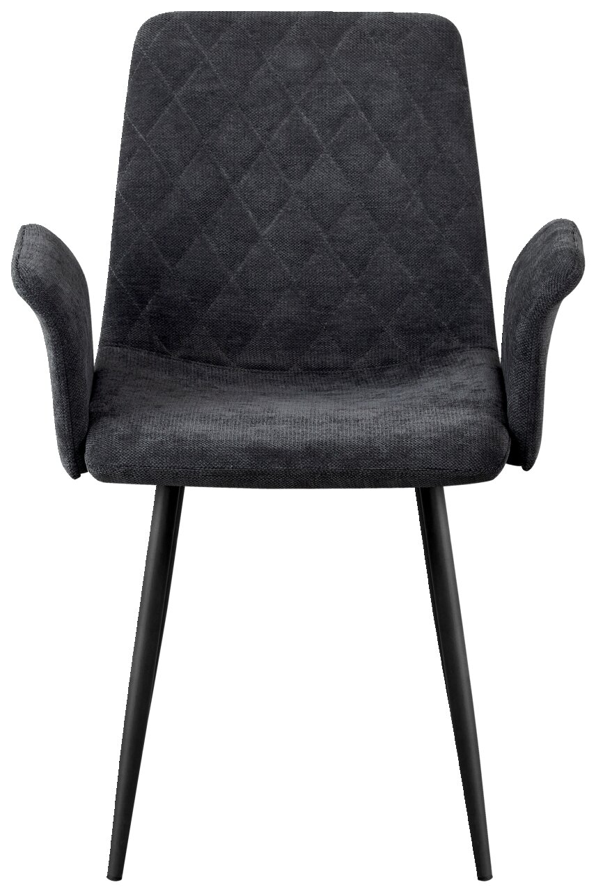 Vooraanzicht van een moderne, donkergrijze fauteuil met gestoffeerde zitting en rugleuning en zwarte metalen poten.