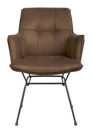 Frontansicht eines braunen Armlehnstuhls mit Metallgestell und gepolstertem Sitz.