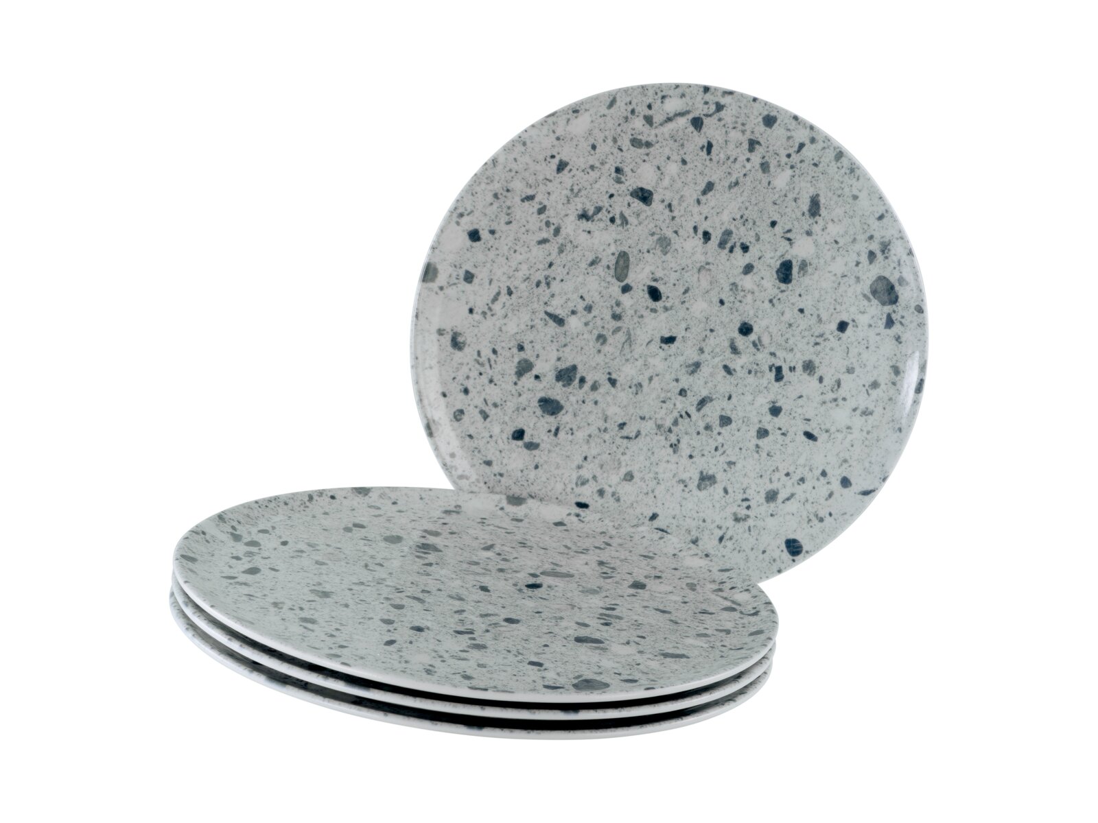 Creatable Pizzateller 4-tlg STONE COLLECTIONF Vier runde, grau gesprenkelte Keramik-Essteller/Platten im Terrazzo-Look, gestapelt mit einem Teller aufrecht dahinter, Ansicht schräg von vorne auf weißem Hintergrund