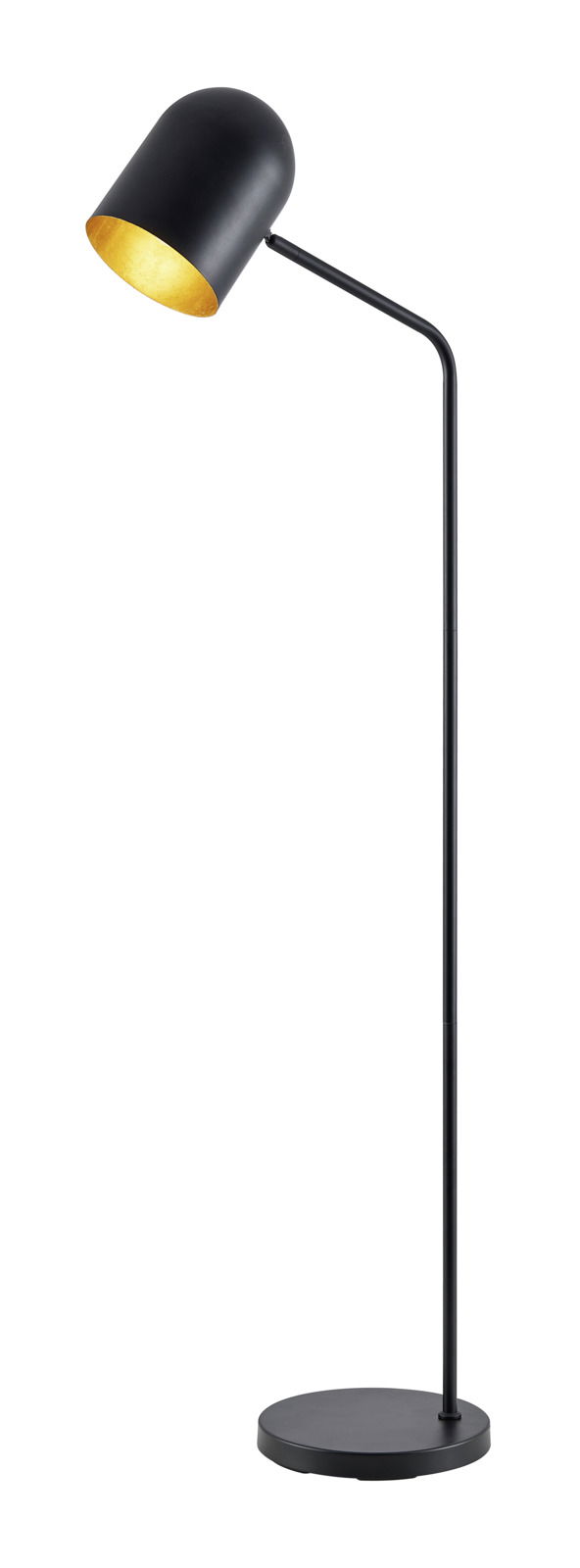 Moderne schwarze Stehleuchte mit gebogenem Arm und zylindrischem Lampenschirm, seitliche Perspektive