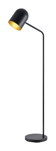 Moderne schwarze Stehleuchte mit gebogenem Arm und zylindrischem Lampenschirm, seitliche Perspektive