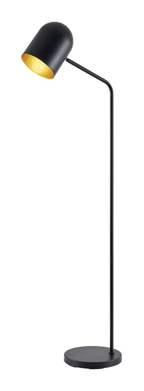 Moderne schwarze Stehleuchte mit gebogenem Arm und zylindrischem Lampenschirm, seitliche Perspektive