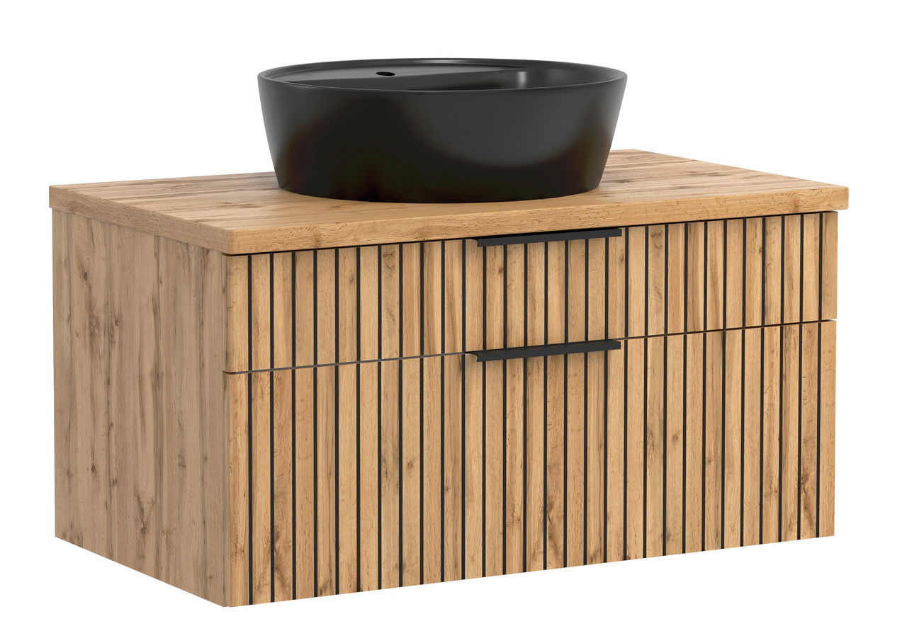 Waschtisch-Set 80 cm mit schwarzem Aufsatzbecken und Holzoptik, Frontansicht