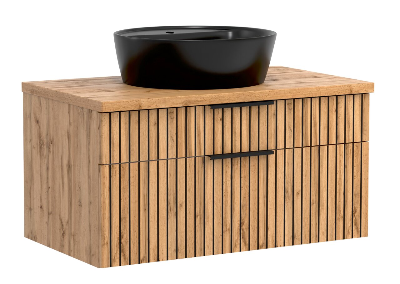 XORA Waschtisch-Set 80 cm LIVERPOOL Waschtisch-Set 80 cm mit schwarzem Aufsatzbecken und Holzoptik, Frontansicht