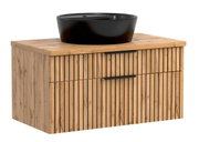 Waschtisch-Set 80 cm mit schwarzem Aufsatzbecken und Holzoptik, Frontansicht