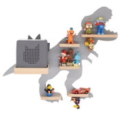 Grau lackiertes Wandregal in Bärenform mit mehreren Holzablagen, links mit Toniebox-Ablage, dekoriert mit kleinen Spielfiguren; frontale Ansicht.
