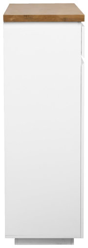 Zijaanzicht van een witte schoenenkast met houten blad