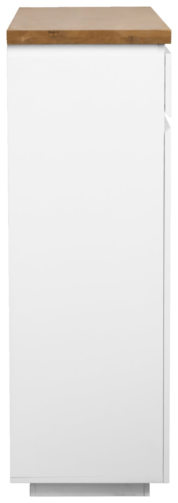 Zijaanzicht van een witte schoenenkast met houten blad