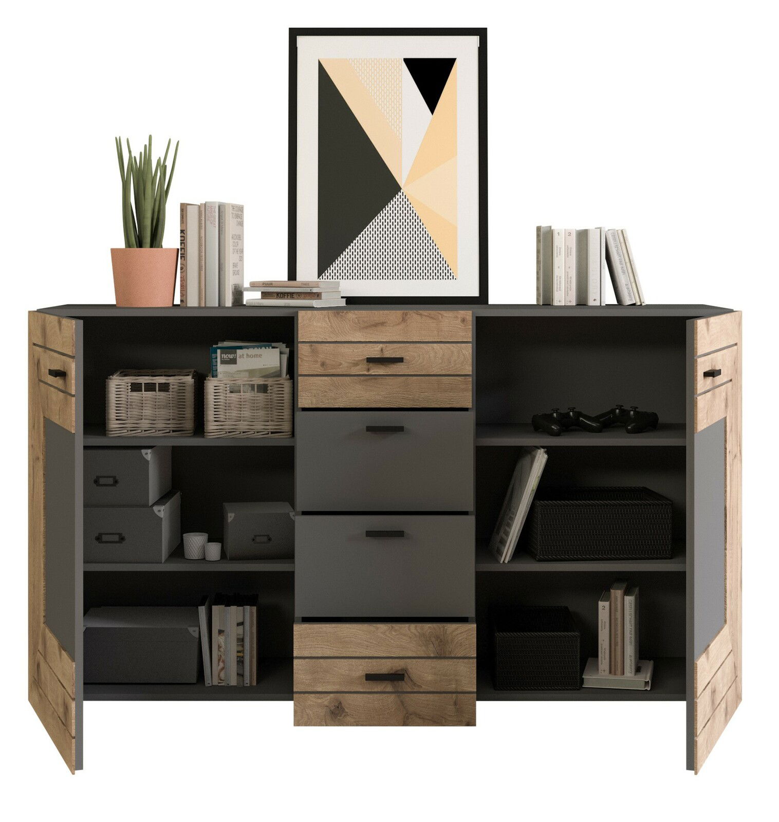 Frontale Ansicht eines modernen Sideboards mit Holz- und Grautönen, dekoriert mit Büchern, Körben und einem Bild.