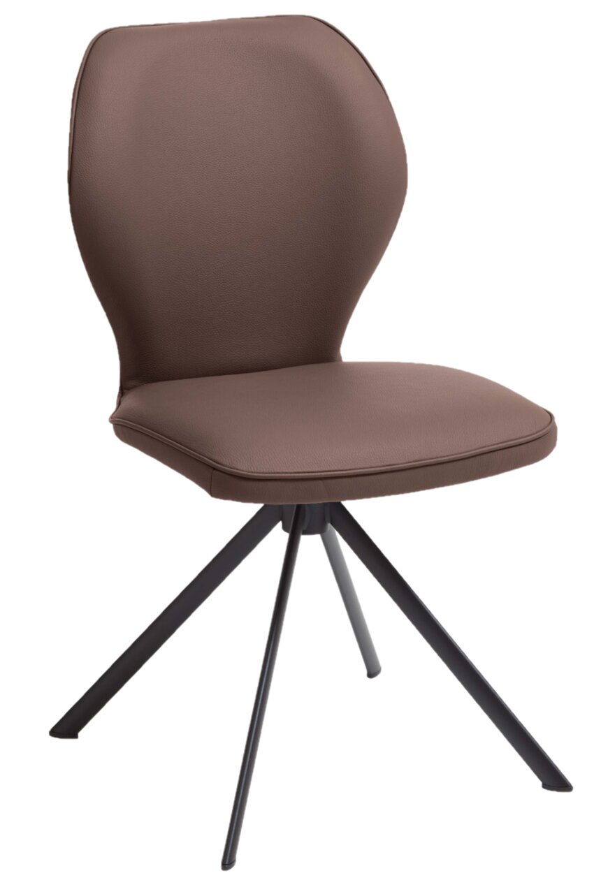 Moderner brauner Stuhl mit gepolsterter Sitzfläche und schwarzem Metallgestell, seitliche Perspektive