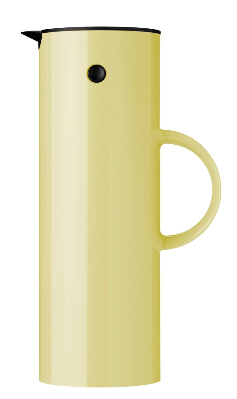 Zijaanzicht van een gele EM77-thermoskan met zwarte deksel en schenktuit, 1 liter, met een rond handvat.