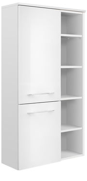 Weißer Midischrank mit zwei Türen und offenen Regalfächern, seitliche Perspektive