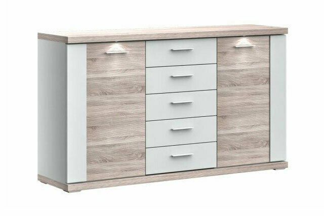 Modernes Sideboard XORA MANHATTAN mit Holzoptik und weißen Akzenten, frontal abgebildet.