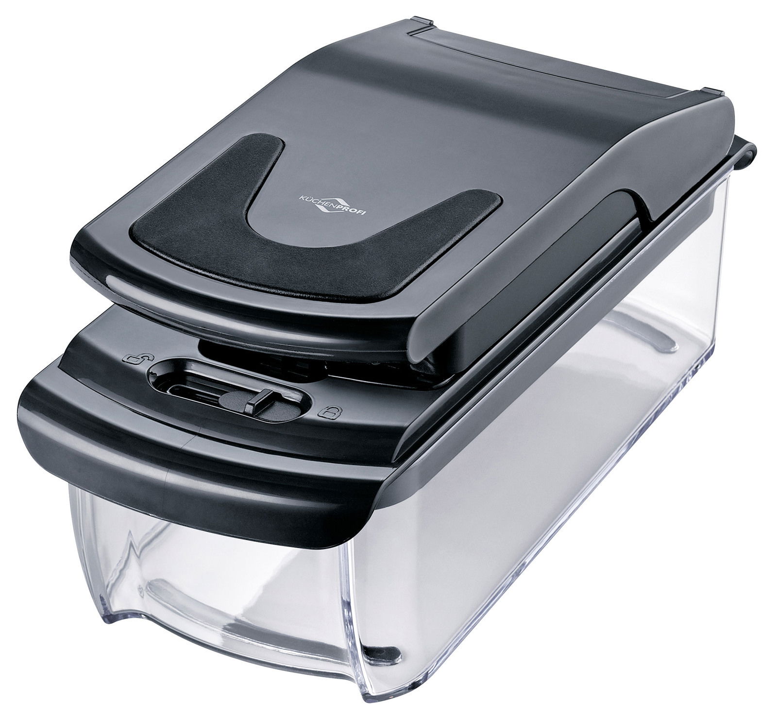 Schwarzer Zwiebel- und Gemüsewürfler von oben betrachtet, mit transparentem Auffangbehälter.