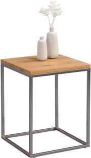 Moderner Beistelltisch mit Holzplatte und Metallgestell, seitliche Perspektive