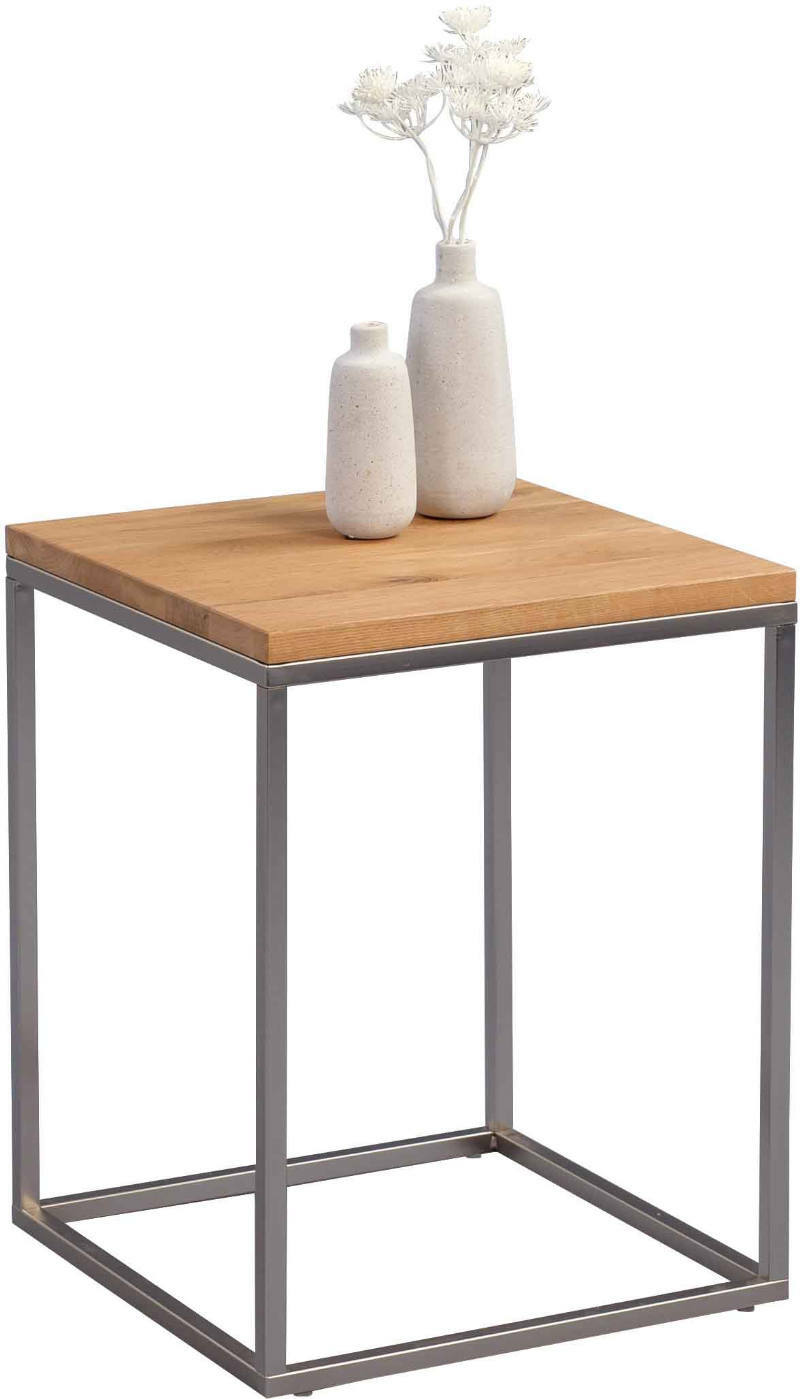 Moderner Beistelltisch mit Holzplatte und Metallgestell, seitliche Perspektive