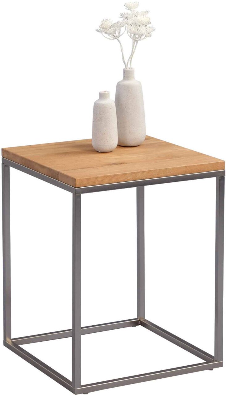 Moderner Beistelltisch mit Holzplatte und Metallgestell, seitliche Perspektive