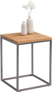 Moderner Beistelltisch mit Holzplatte und Metallgestell, seitliche Perspektive