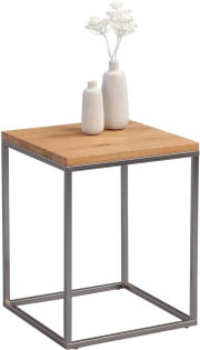 Moderner Beistelltisch mit Holzplatte und Metallgestell, seitliche Perspektive