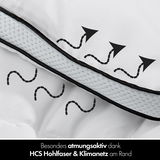 Nahaufnahme einer atmungsaktiven Bettdecke mit HCS Hohlfaser und Klimanetz am Rand, die Luftzirkulation darstellt.