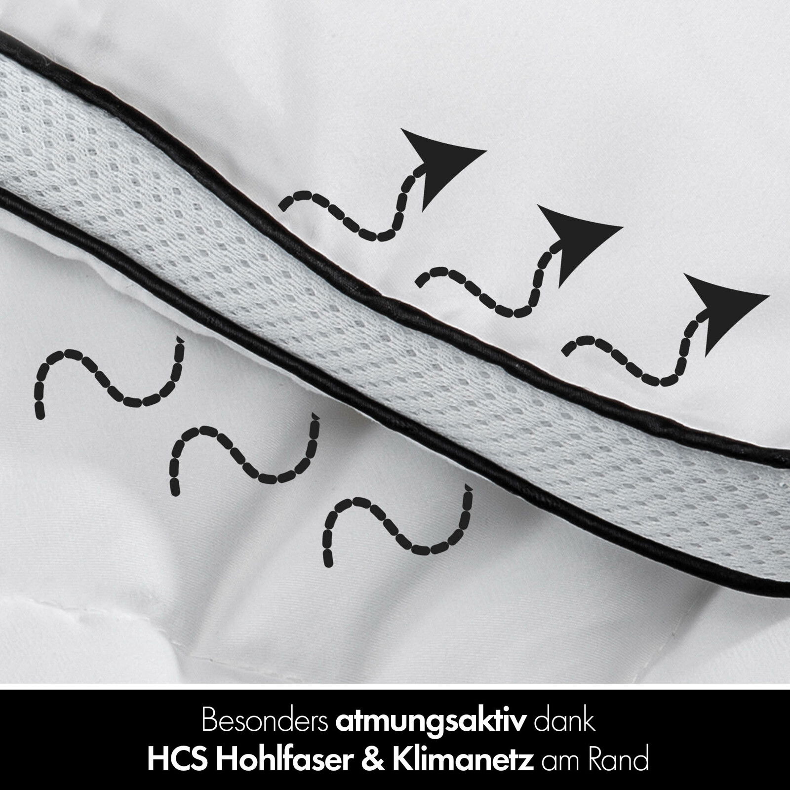 Nahaufnahme einer atmungsaktiven Bettdecke mit HCS Hohlfaser und Klimanetz am Rand, die Luftzirkulation darstellt.