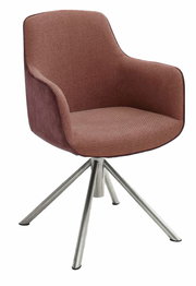 Moderner Sessel der Serie RIALTO in braunem Stoffbezug mit Metallbeinen, seitliche Perspektive.