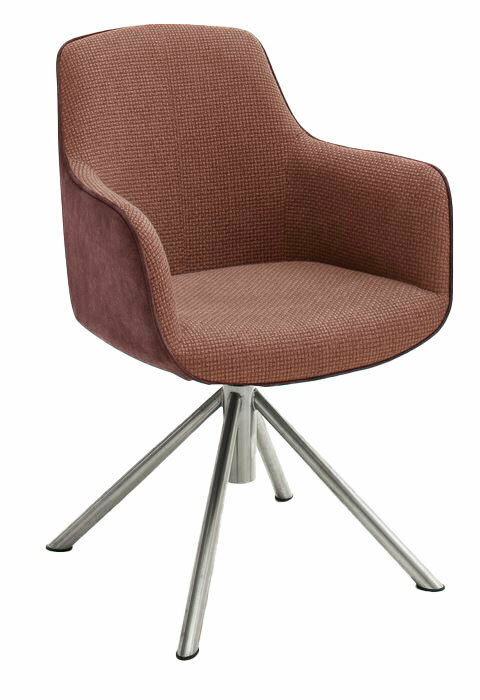 Moderner Sessel der Serie RIALTO in braunem Stoffbezug mit Metallbeinen, seitliche Perspektive.