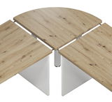 Draufsicht auf einen Wangenschreibtisch 160 mit Holzoptik und weißen Seitenwangen, bestehend aus drei verbundenen Tischplatten.