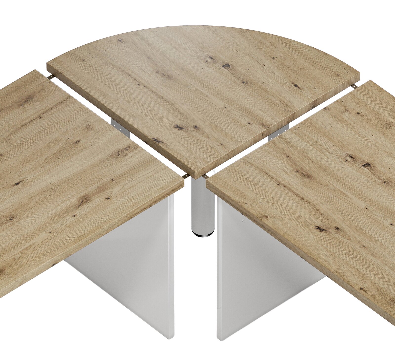 Draufsicht auf einen Wangenschreibtisch 160 mit Holzoptik und weißen Seitenwangen, bestehend aus drei verbundenen Tischplatten.