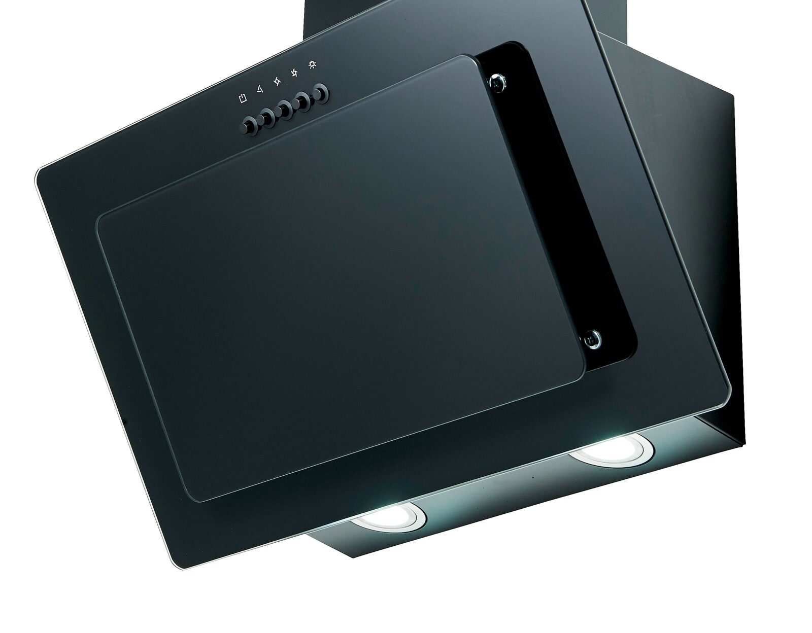Schwarze, schräg montierte Wand-Dunstabzugshaube aus Glas/Metall mit Tastenbedienfeld und zwei integrierten LED-Leuchten, Ansicht schräg von vorne/unten