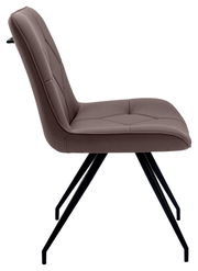 Moderner Stuhl mit gepolsterter Sitzfläche und Rückenlehne in Seitenansicht, schwarze Metallbeine.