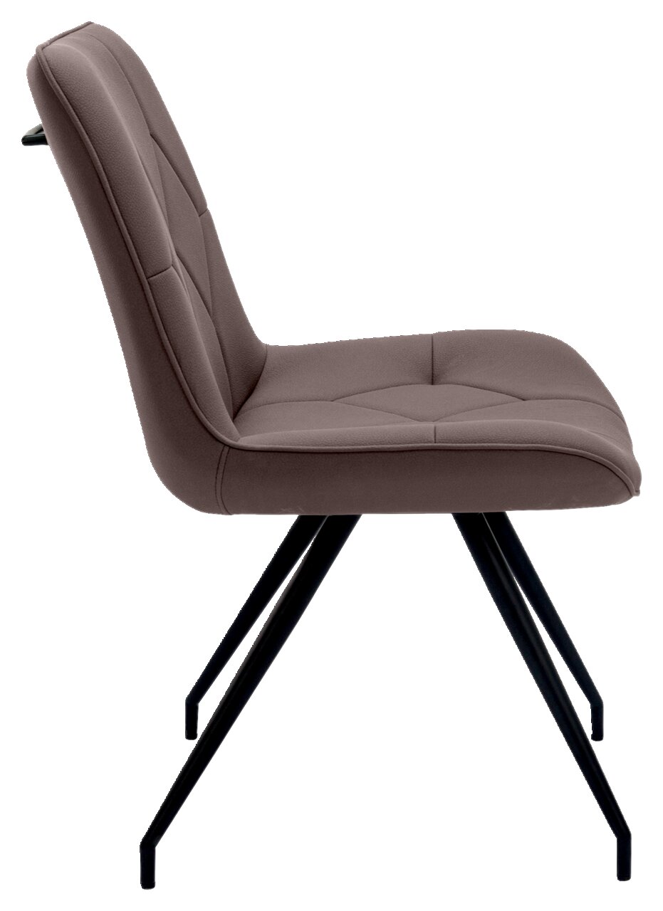 Moderner Stuhl mit gepolsterter Sitzfläche und Rückenlehne in Seitenansicht, schwarze Metallbeine.