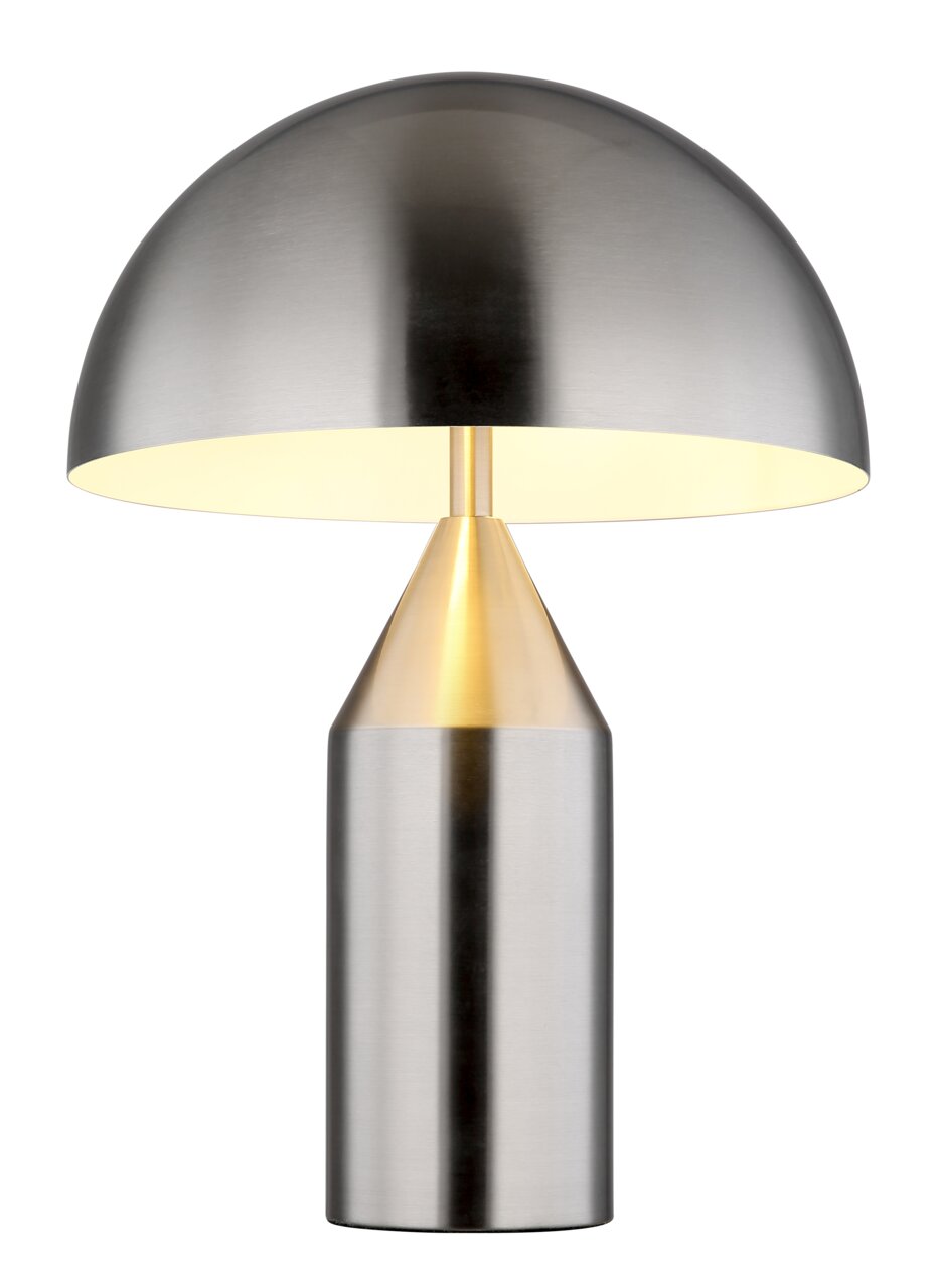 Globo Lighting Tischleuchte ATOMA Moderne Tischleuchte ATOMA aus gebürstetem Metall mit halbrundem Schirm, frontal abgebildet.