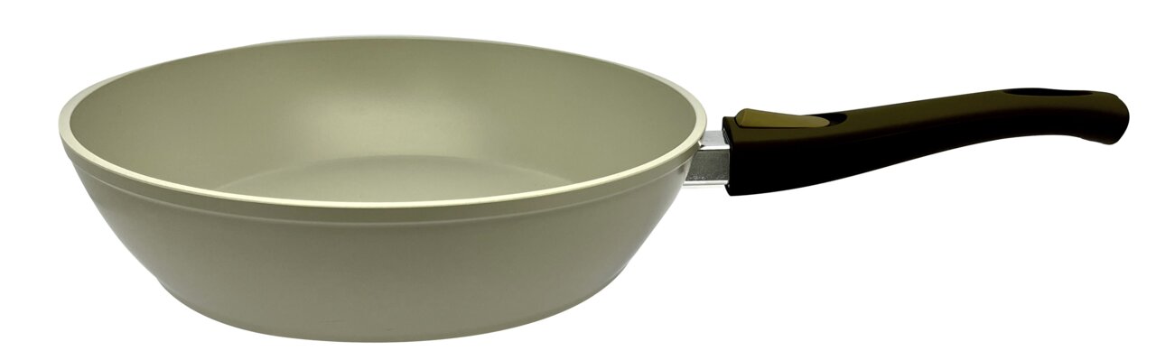 Bratpfanne 28 cm mit hellem Innenraum und schwarzem Griff, seitliche Perspektive