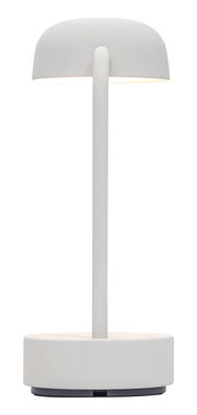 Moderne Tischlampe in mattem Weiß mit rundem Schirm und zylindrischem Fuß, seitliche Perspektive