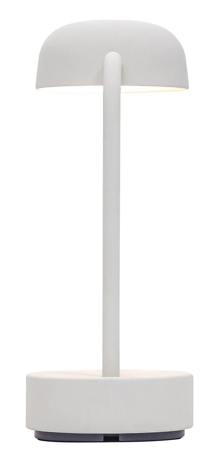 Moderne Tischlampe in mattem Weiß mit rundem Schirm und zylindrischem Fuß, seitliche Perspektive